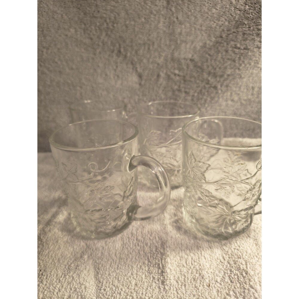 Vintage Clear Glass Grape and Vine Coffee Mugs Textured Punch Cups Set of 4